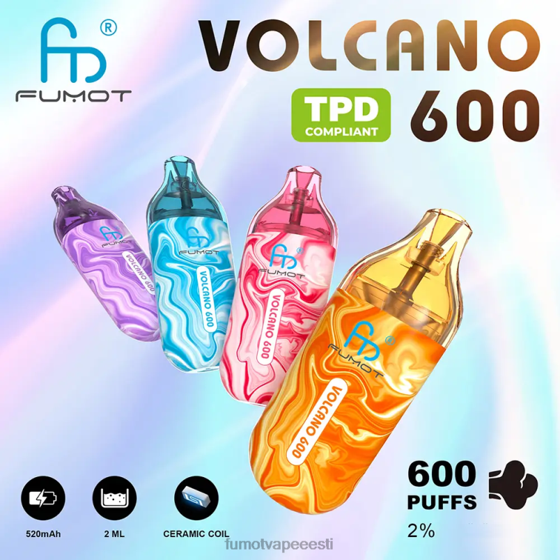 Fumot Volcano 600 tpd-ühilduv ühekordne vape - 2ml (3-osaline komplekt) Kummikaru 6Z62Z289 Fumot Disposable Vape