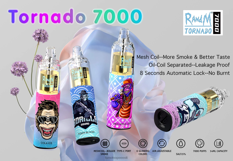 Fumot Tornado 7000 ühekordne vape pen - 14 ml (1 tk) Kummikaru 6Z62Z78 Fumot Vape Online Shop